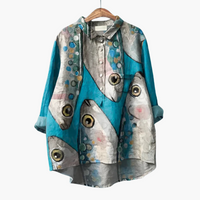Ruth | Bequemes Vintage-Shirt mit Fisch-Print – Hellblau