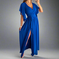Quiswina | Elegantes V-Ausschnitt Mopp Kleid – Blau