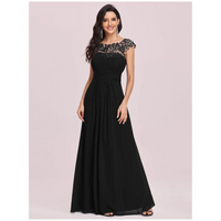 Damen Kleid mit Plissierten Kappenärmeln | Maxi – Schwarz