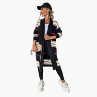 Damen Langer Strickjacke mit Streifen – Schwarz