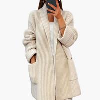 Damen Strickjacke mit V-Ausschnitt und Fronttaschen – Aprikose
