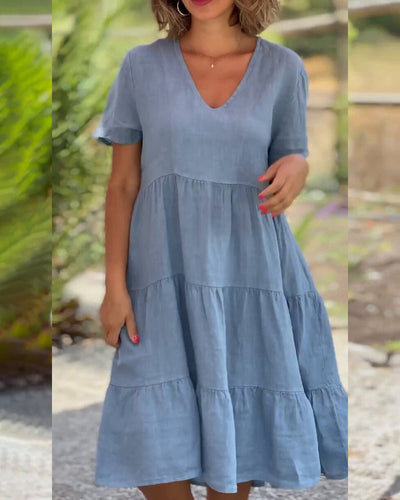 Louhi | Baumwoll-Leinen-Kleid mit V-Kragen
