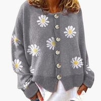 Damen Strickjacke mit Knopfverschluss und Blumenmuster – Grau