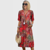 Maja | Damen Midikleid Bedruckt V-Ausschnitt Feminin Casual Sommer – Scharlachrot