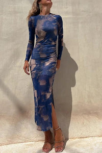 Heidi-Mode | Charm Lady Mesh Overlay Tie Dye Print Langarm Rüsch Stretch Midi Kleid – Blau