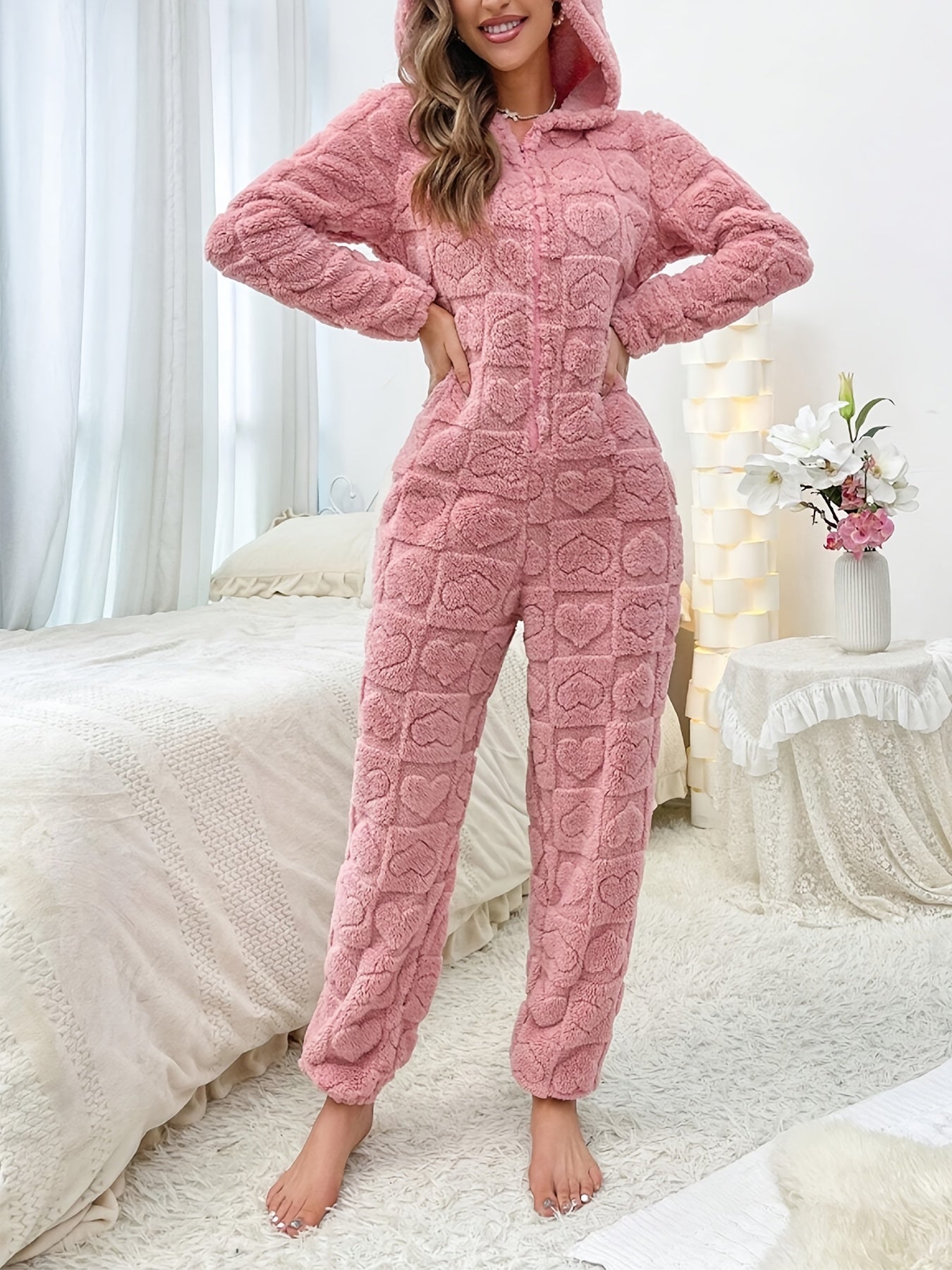 Leylina | Herz Jacquard Flauschiger Kapuzen-Nacht-Jumpsuit