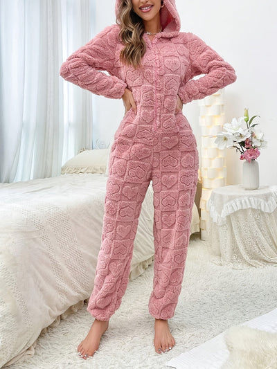 Leylina | Herz Jacquard Flauschiger Kapuzen-Nacht-Jumpsuit