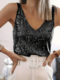 Jennifer - Damen Pailletten V-Ausschnitt ärmelloses Tanktop – Schwarz