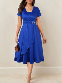 Elisa | V-Ausschnitt Midikleid mit asymmetrischem Saum – Blau