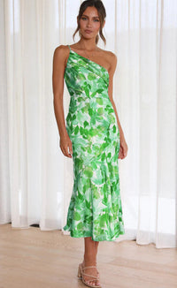 Aeris | Langes Asymmetrisches Kleid mit Blumenmuster – Grün