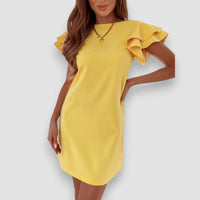 Mindi | Gekräuseltes, mehrlagiges Minikleid mit kurzen Ärmeln – Gelb