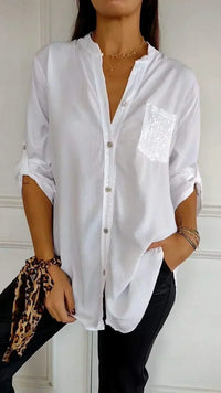 Jasmine | Elegantes V-Ausschnitt-Shirt mit funkelnden Pailletten für Damen – Weiß