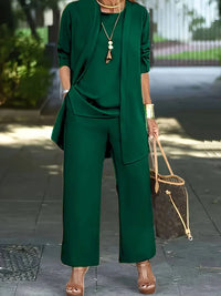 Fiona Sommeranzug | Eleganter dreiteiliger Damenanzug mit leichter Jacke, Hose und Top – Dunkelgrün