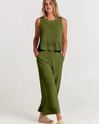 Damen Lässig Leichte Zweiteiliges Set | Hose und Oberteil – Millitärisch Grün