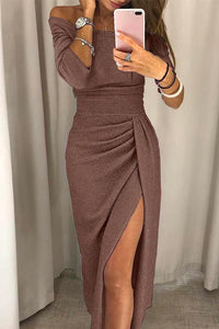 Sommerliches Abendkleid für Damen - Figurbetontes Off-Shoulder Glitzerkleid mit Beinschlitz – Braun