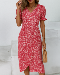 Damen Elegantes Blumen Kleid | V-Ausschnitt – Rot