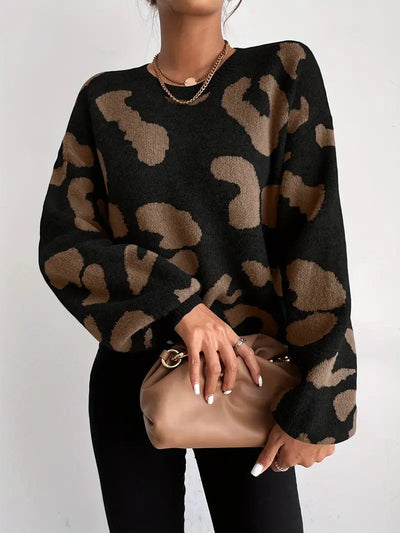 Cliala | Eleganter Pullover mit Rundhalsausschnitt und Geparden-Print und fließenden Glockenärmeln