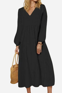 Yuna | V-Ausschnitt Ballonärmel Midikleid – Schwarz