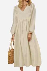 Yuna | V-Ausschnitt Ballonärmel Midikleid – Weiß