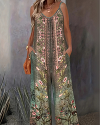 Damen Boho Jumpsuit Mit Blumenmuster | Ärmellos & Weites Bein – Grün