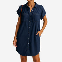 Damen Jeanskleid mit Knöpfen – Sommerliches Midi Kleid im Denim Look – Dunkelblau