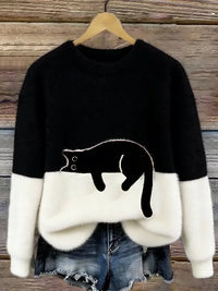 Zaidia – Gemütlicher Strickpullover Mit Süßer Katze – Schwarz