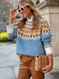 Clionith | Festlicher Fair Isle Strickpullover mit hohem Halsausschnitt – Blau