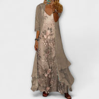 Eva | Damen Blumen Maxikleid V-Ausschnitt Geschichtet Lagenlook Sommer – Beige