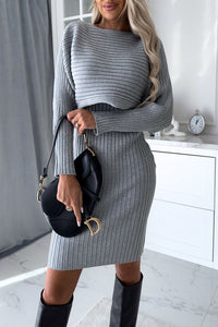 Alice - Gestreiftes, langärmeliges Set mit Mini-Kleid und Trägern – Grau