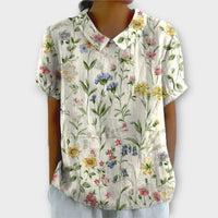 Lina | Blumenbluse aus Baumwolle und Leinen – Weiß