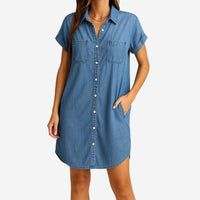 Damen Jeanskleid mit Knöpfen – Sommerliches Midi Kleid im Denim Look – Hellblau