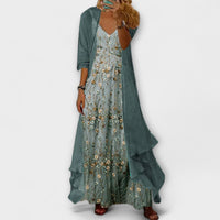 Eva | Damen Blumen Maxikleid V-Ausschnitt Geschichtet Lagenlook Sommer – Blau