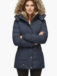 Winterjacke für Damen mit Kunstfellkapuze – Blau