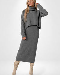 Ärmelloses Maxi Strickkleid mit Cropped Rollkragenpullover | Strickset für Damen – Grau