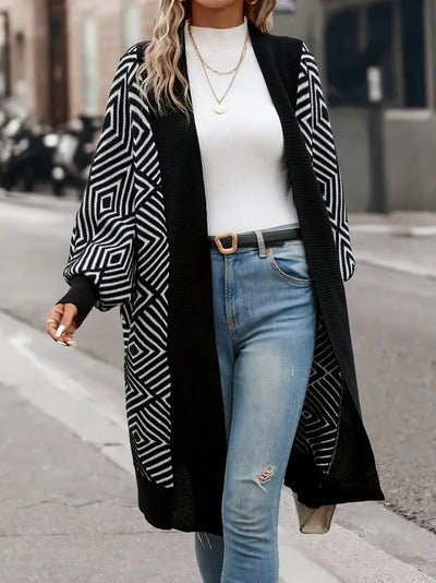 Rerzelha | Moderner geometrischer Strickjacke mit langen Ärmeln und mittlerer Länge