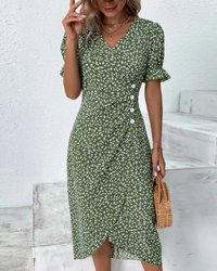 Damen Elegantes Blumen Kleid | V-Ausschnitt – Grün