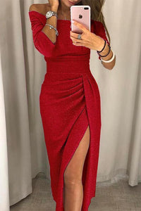 Amelie Glitzerndes Off-Shoulder Kleid mit Schlitz – Rot