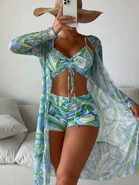 Catherine – 3-teiliges Bikini-Set mit Langarm-Cardigan für den Sommerstrand – Blau