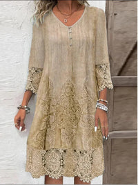 Nora | Damen Boho Blumen-Tunika Kleid mit Spitzenärmeln – Khaki