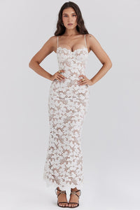 Maddie | Lange Korsett-Spitzenkleid – Blanc