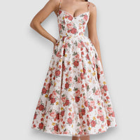 Noir | Blumen Midikleid mit Korsett-Oberteil – Rot