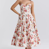 Heidi-Mode | Midi-Kleid mit Blumenkorsett für Damen – Blumen Rot