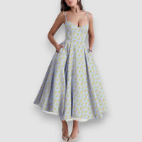 Noir | Blumen Midikleid mit Korsett-Oberteil – Grün