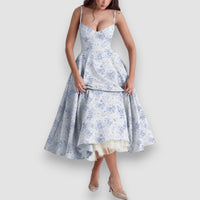 Noir | Blumen Midikleid mit Korsett-Oberteil – Blau