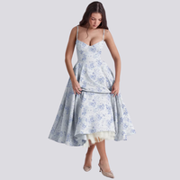 Heidi-Mode | Midi-Kleid mit Blumenkorsett für Damen – Blumenblau
