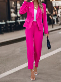 Schickes zweireihiges Set aus Blazer mit Schalkragen und Hose – Rosenrot