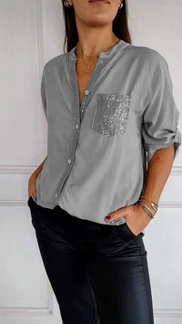 Jasmine | Elegantes V-Ausschnitt-Shirt mit funkelnden Pailletten für Damen – Grau