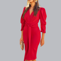 Sommerliches Abendkleid für Damen - Elegantes Wickelkleid mit Puffärmeln für Festliche Anlässe – Rot