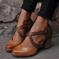 Damen Vintage Blockabsatz Sandale | Kreuzriemen Schnalle – Braun