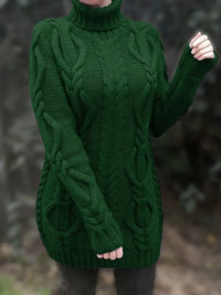 Narda - Klobig Kabel Gestrickt Rollkragen Kleid – Grün